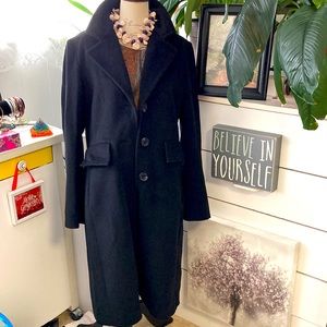 BCBG MaxAzria | long coat with 3 branded button closure. Two front flap pockets.